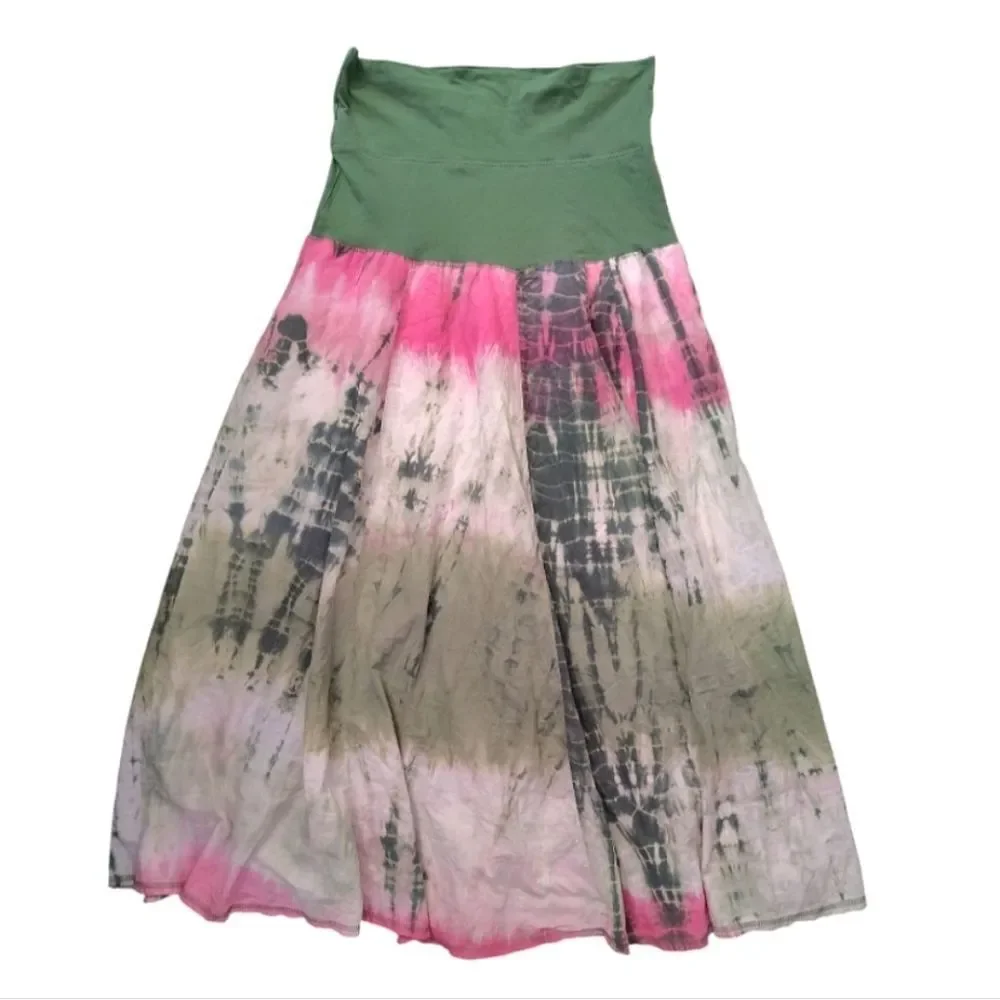 VTG Y2K Green Pink Tie Dye Fold Over Fairycore Gypsy Midi Skirt *Fits Like Large - Picture 5 of 9